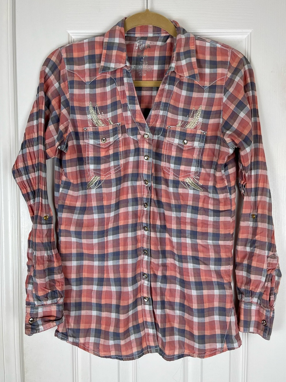Rock 47 by Wrangler Women’s Plaid Embroidered Snap Front Shirt Sz M Western